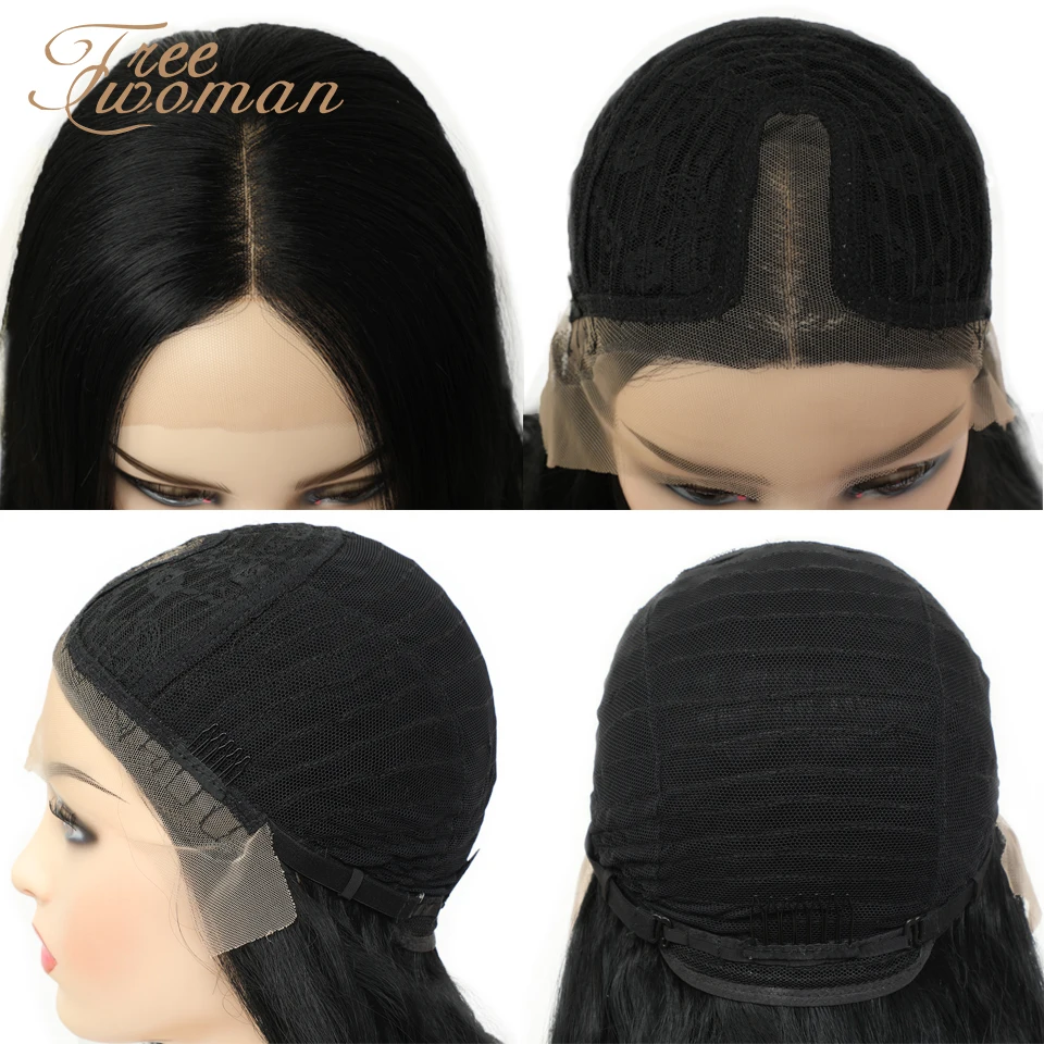 FREEWOMAN черный длинный прямой синтетический кружевной передний парик для женщин
