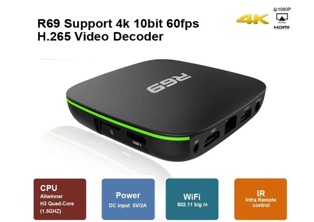 ТВ приставка R69 на Android 7 1 ГБ 8 Allwinner H3 четырехъядерный 2 4G Wifi 1080P HD Поддержка 3D