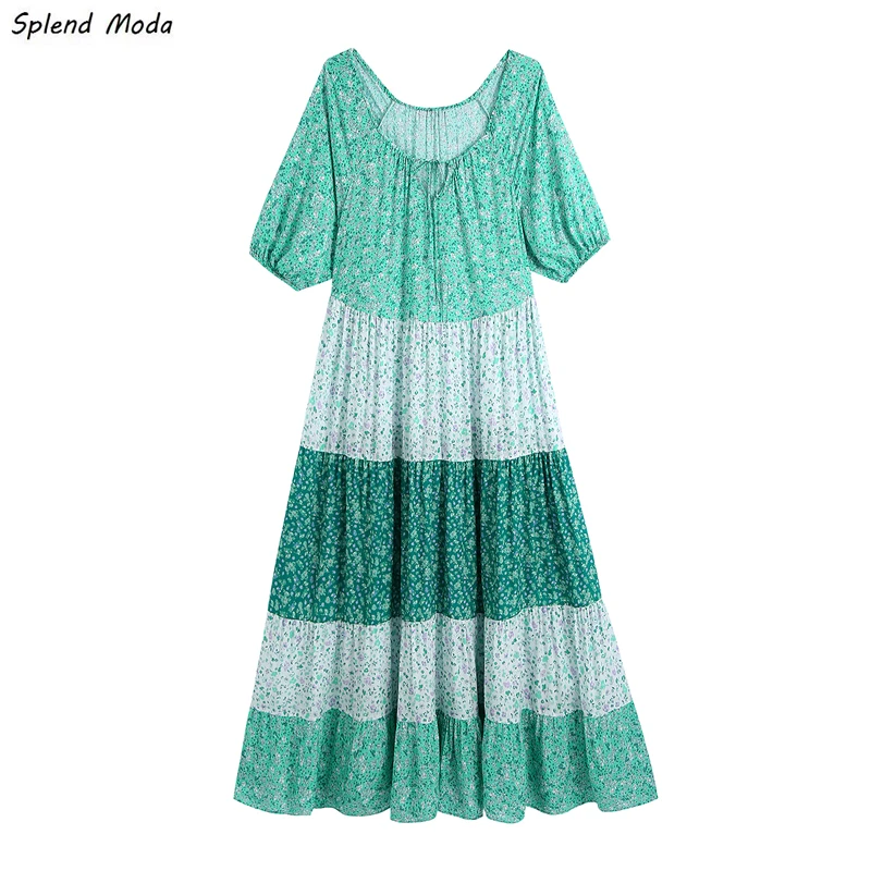 

Женское платье в стиле бохо, винтажное платье до щиколотки с цветочным принтом и многослойными складками, на шнуровке, лето 2021