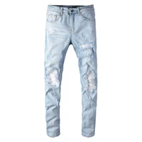 sokotoo mens pale light blue white pleated patchwork jeans fashion slim skinny holes ripped stretch denim pants