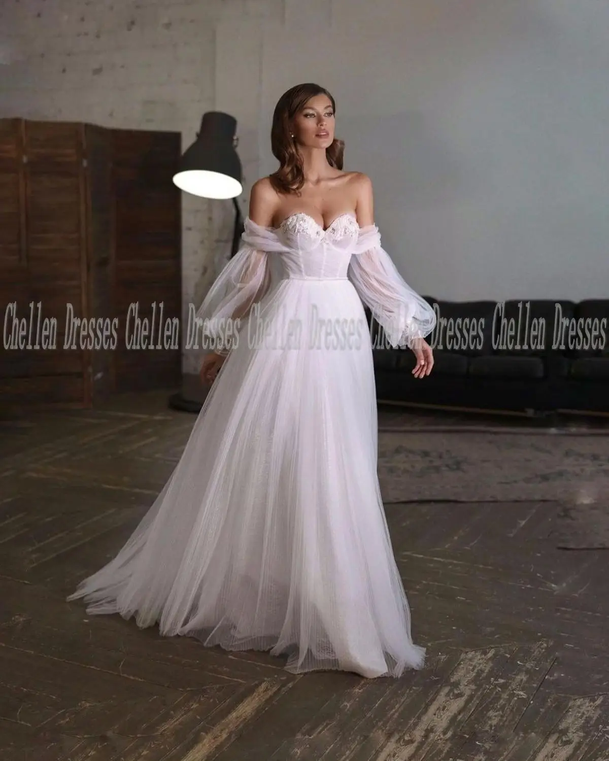 

2021 New Elegant Sweetheart Long Puffy Sleeves Off The Shoulder Lace Appliques Beaded Belt Tulle A-Line Beach Boho Wedding Dress