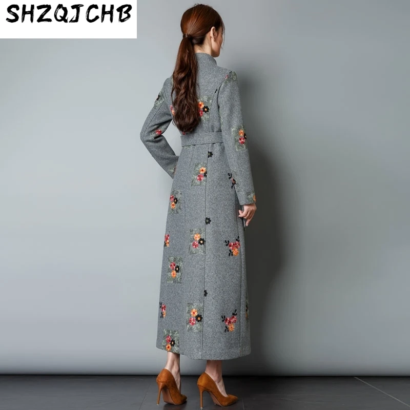 

JCHB 2021 Casaco Feminino Long Wool Coat Plus Size Autumn Winter Coat Women Mandarin Collar Embroidery Floral Coats Abrigos KJ1