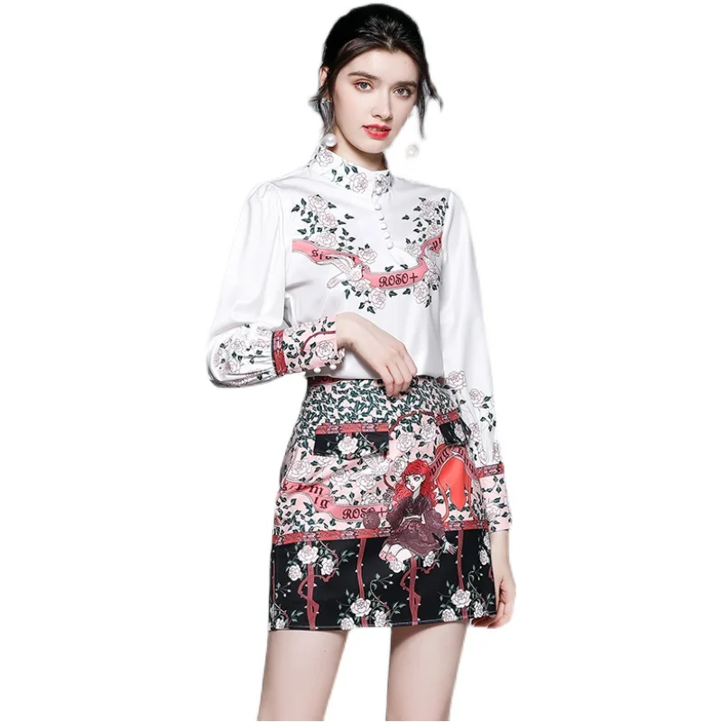 

Women Summer Designer Elegant Floral Print Office Two Piece Sets Female White Long Sleeve Top + Fashion Pencil Skirt Sets