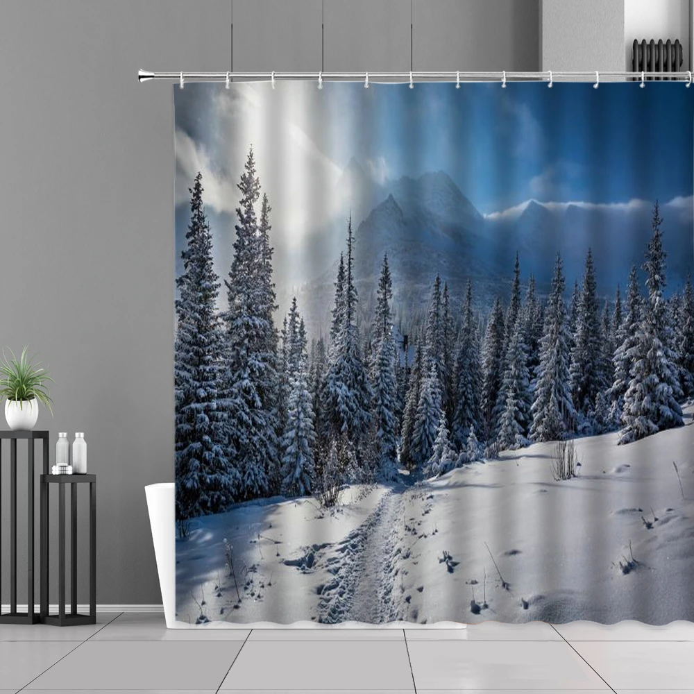

Winter Scenery Shower Curtains Snow Mountain Tree Ice Snow Scene Christmas Bathroom Bathtub Decoration Waterproof Curtain Set