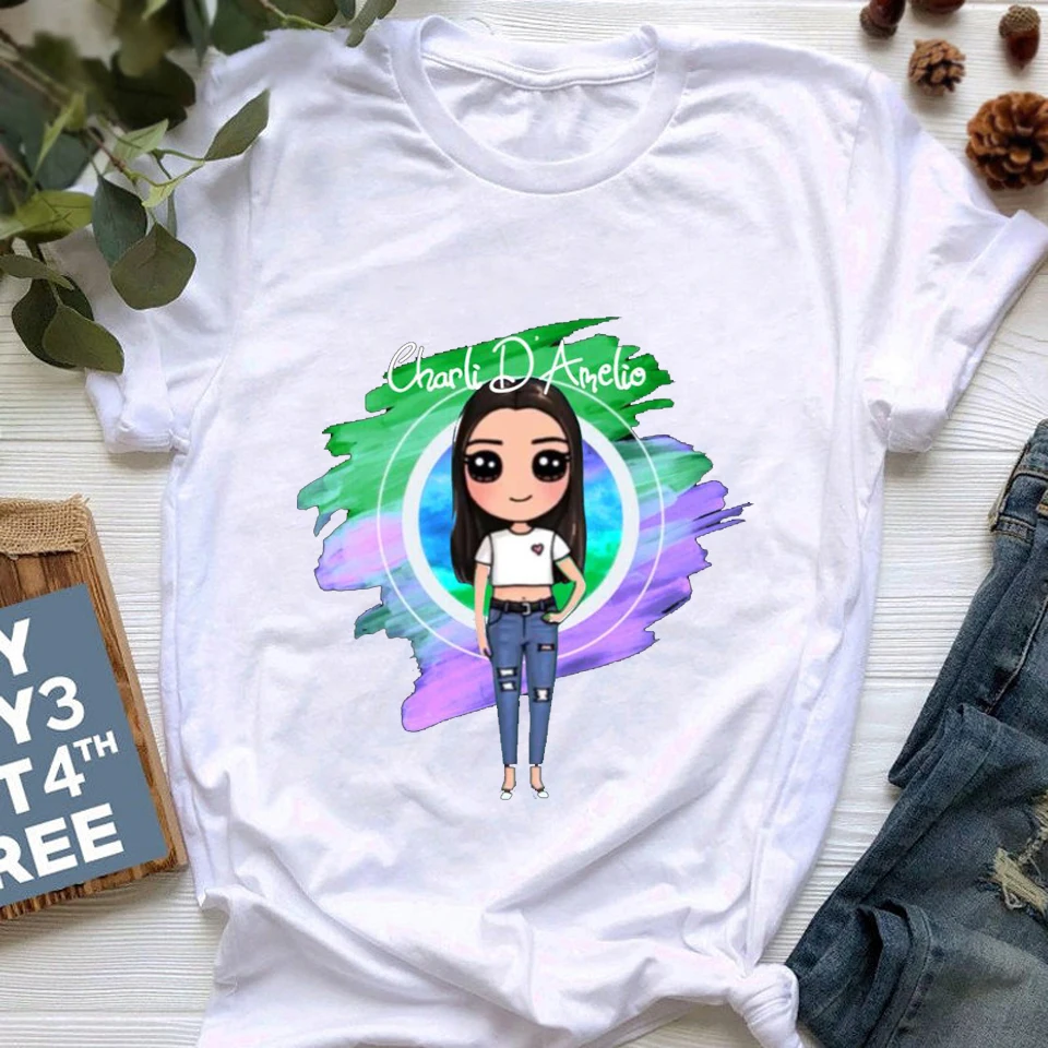 

Charli D'Amelio Print Women Tshirts Summer Casual Female T-shirts Funny T Shirt for Lady Top Tee Hipster White Color Drop Ship