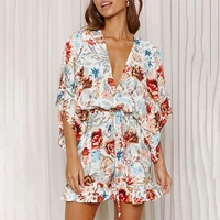 sexy v neck floral print ruffle playsuits 2021spring summer women casual short sleeve lace up button beach boho jumpsuit rompers