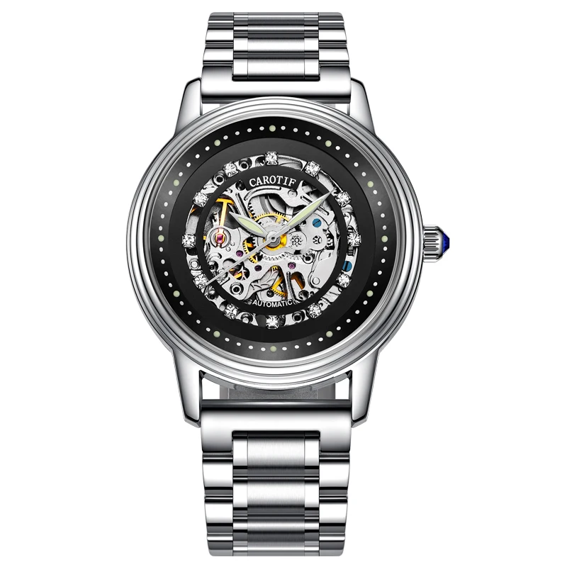 

Carotif 2019 new fully automatic mechanical watch hollow men's watch black watch men's watch waterproof night light