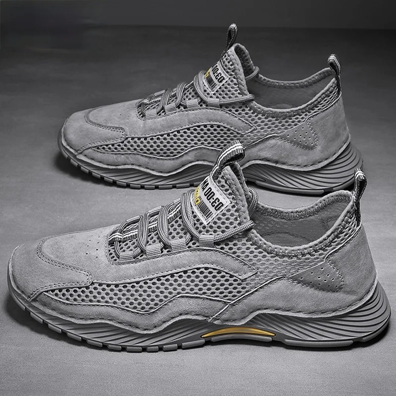 

Men's Genuine Leather Shoes Summer Breathable Tennis Male Holes Hollow Sandals For Outdoor Mesh Beach Gray Sneaker Sports Casual