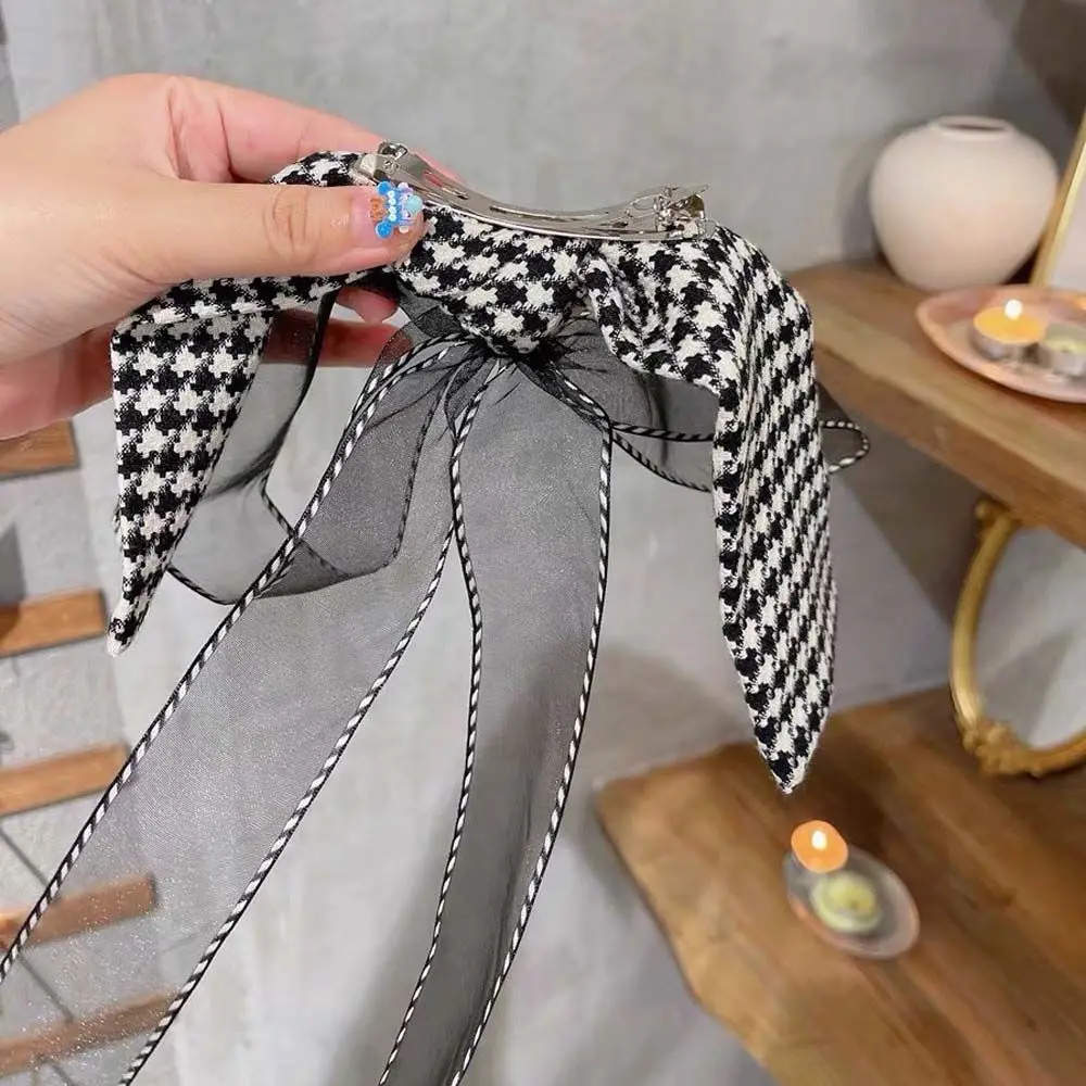 

1PC Vintage Black Lattice Bow Hair Clip For Girls Long Ribbon Korean Style Hairpins Spring Clip Temperament Headwear Hair Access
