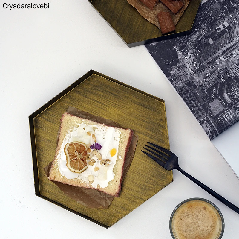 Винтажный Золотой шестиугольный поднос металлическая железная тарелка