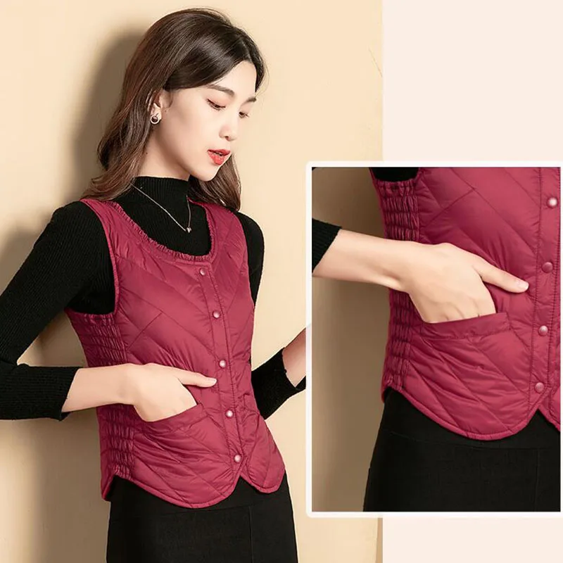 Ультратонкий пуховик светильник Теплый жилет женский укороченный без рукавов с
