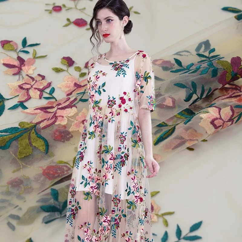 Китайская сетчатая кружевная ткань с вышивкой в виде роз для платья метро Базина