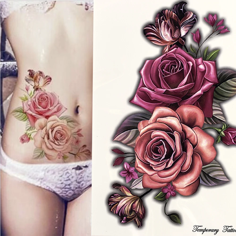 

Beauty 1 Pcs Make Up Fake Temporary Tattoos Stickers Rose Flowers Arm Shoulder Tattoo Waterproof Women Big Flash Tattoo on Body