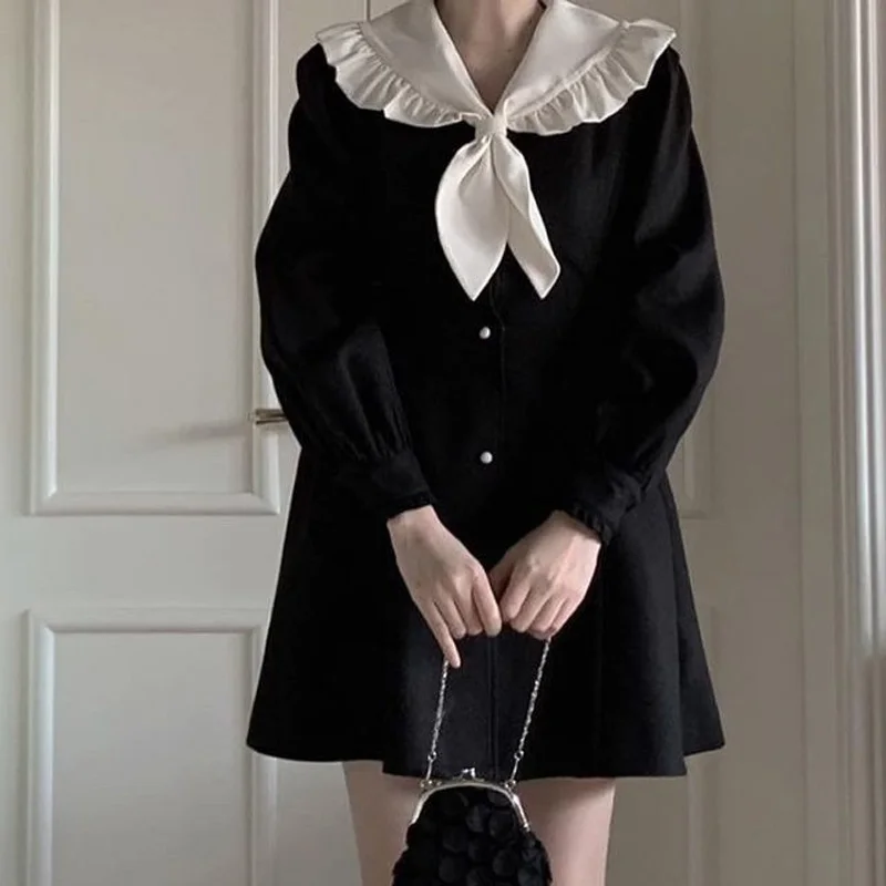 

Black Dress Autumn French Sweet Ruffle Doll Collar Bow Slim Waist Women Dress Vintage Long Sleeve Single-Breasted Fairy Dresses