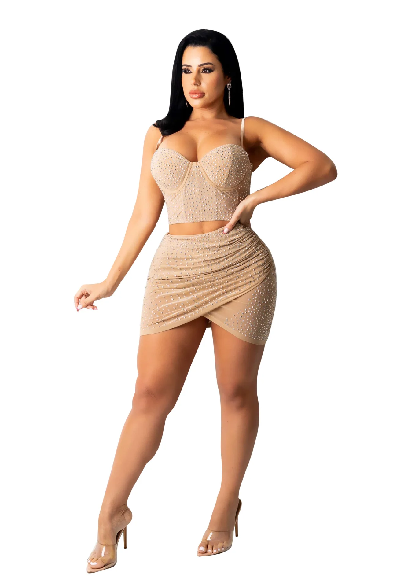 Женский комплект из двух предметов привлекательная сетчатая Юбка со стразами