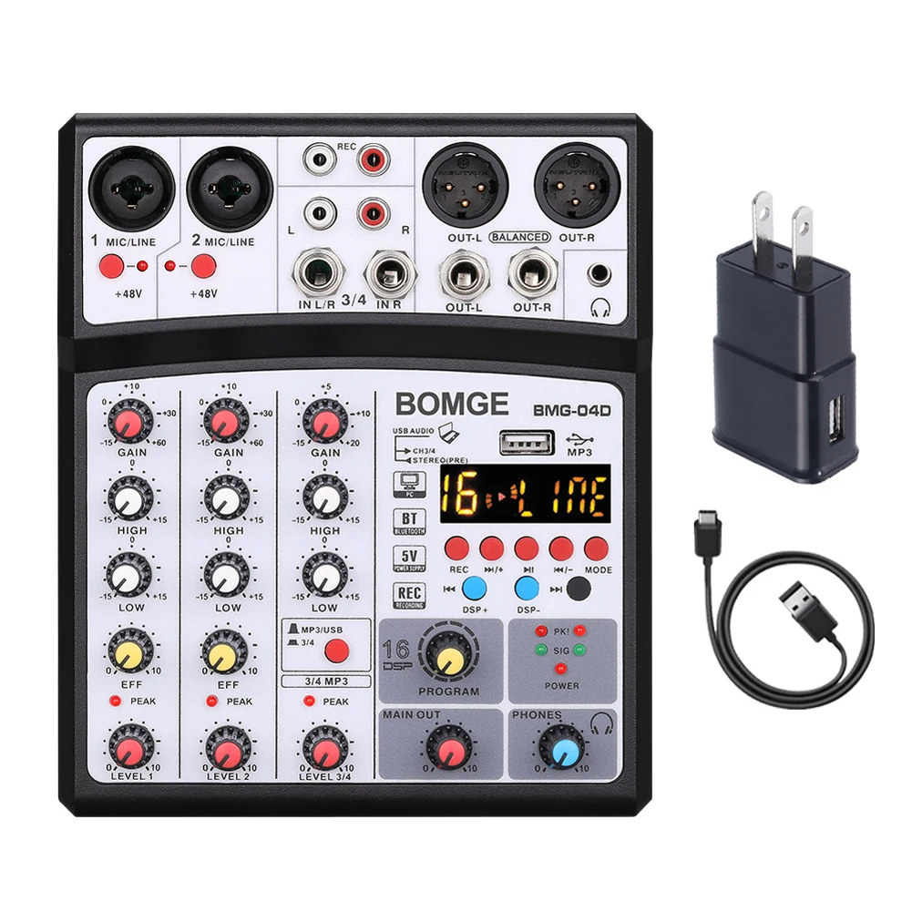 

Professional 4 Channels BT Audio Sound Mixer Multifunctional Mixing DJ Console with 6.3mm, XLR, RCA Sockets