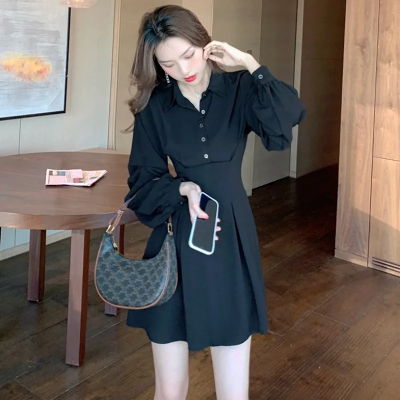 

CGC 2021 Casual Harajuku Solid Autumn Dress Woman Vintage Long Sleeve Slim Elegant Mini Dress Female Office Polo Collar Vestido