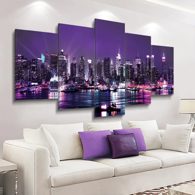 Нью-Йорк Холст Картина Пейзаж печати 5 Панель на холсте ночной вид плакат