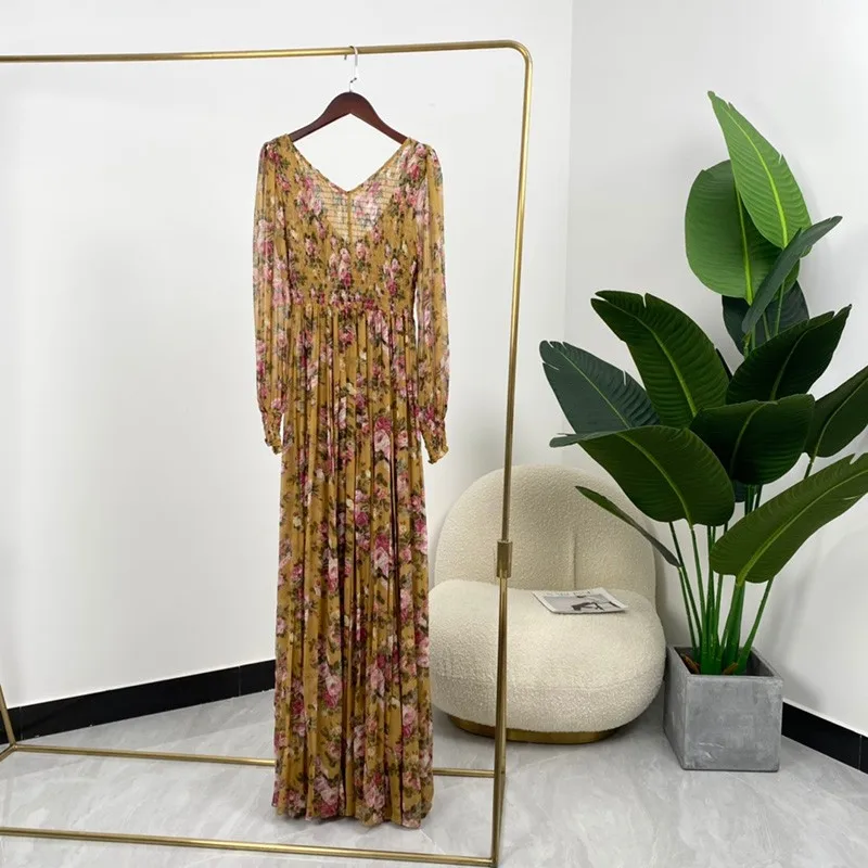 

Модные желтые цветочные платья в стиле бохо, Женская Высококачественная Дизайнерская одежда в пол из натурального шелка