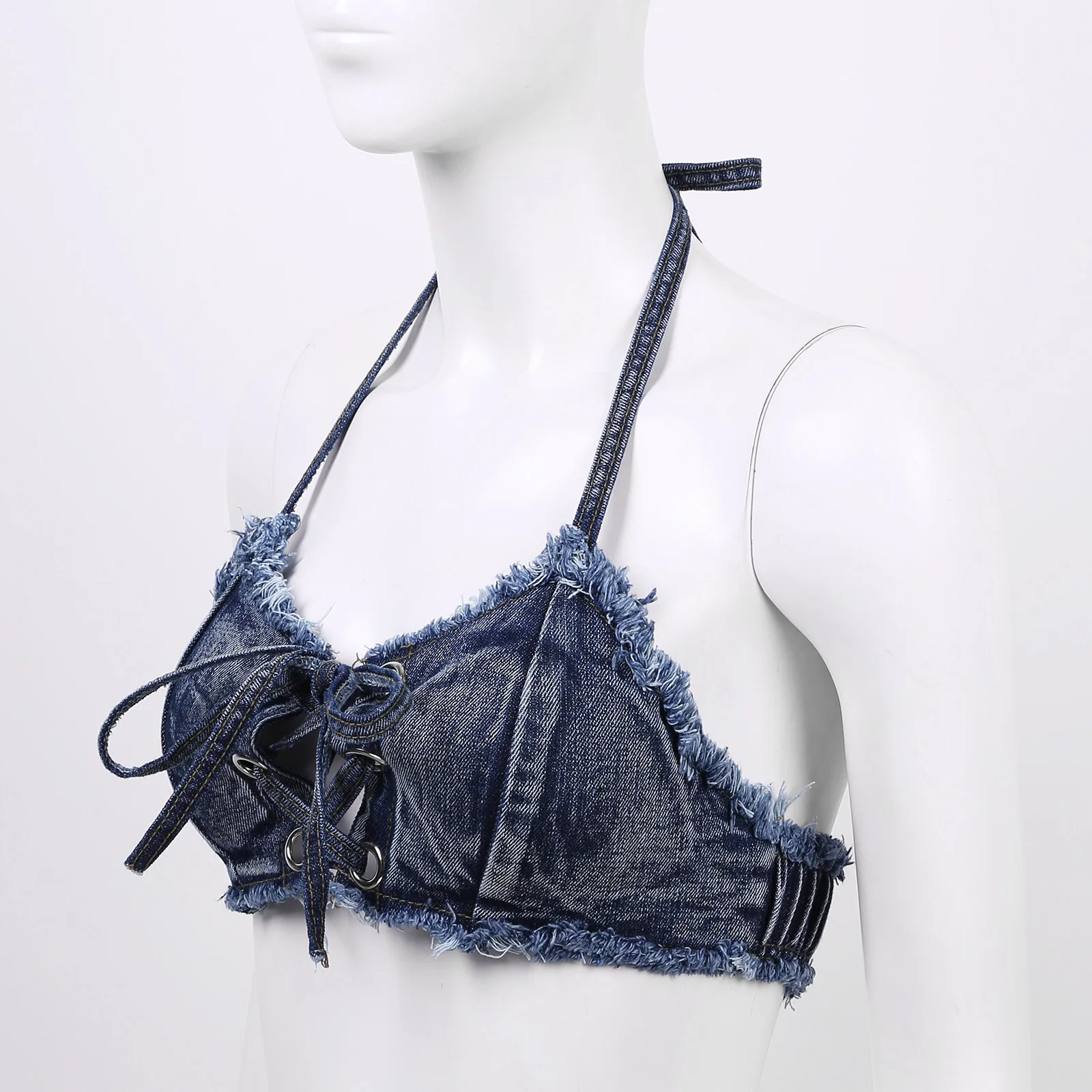 Женский джинсовый бюстгальтер-бикини без рукавов на шнуровке для ночного клуба