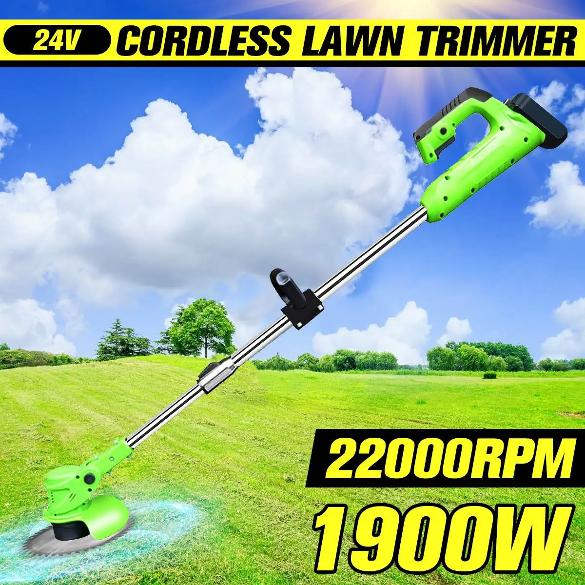 

Meigar 1900W 24V Cordless Electric Grass Trimmer Lawn Mower Weeds Brush Length Adjustable Cutter Garden Tools 2x 8000mah Battery