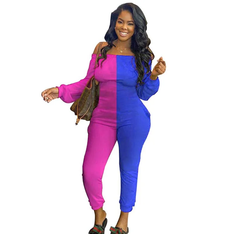 

New Style Fashion Sexy Jumpsuit Long Sleeves Patchwork Women Leisure Slash-neck Casual Suit Female One Piece Romper