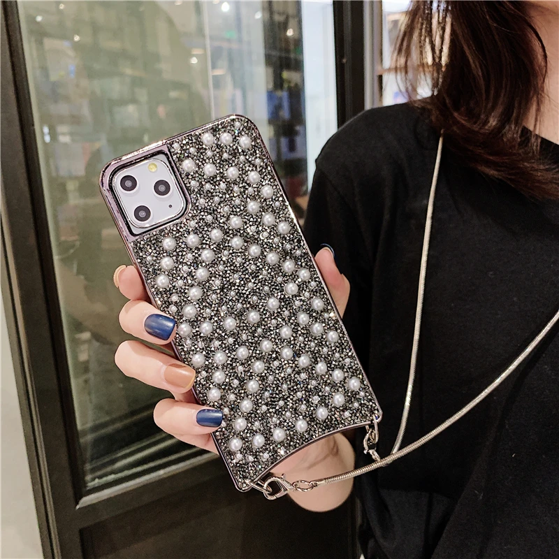 Роскошный блестящий полностью жемчужный чехол для телефона с цепочкой через