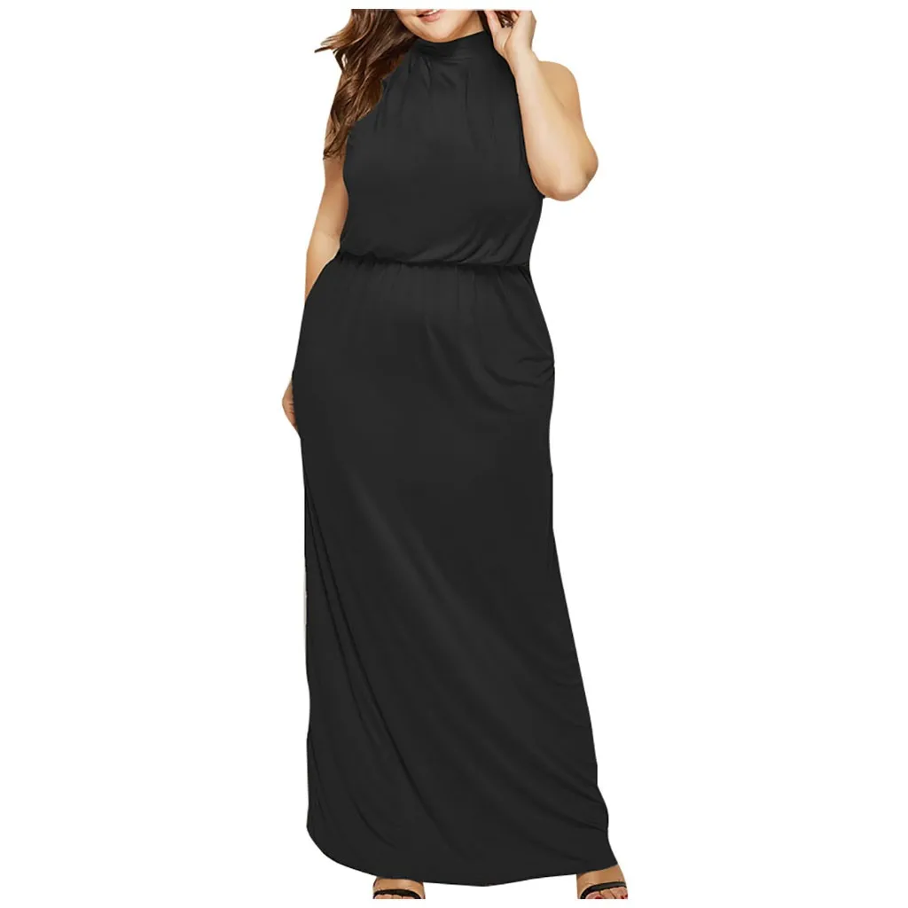 Однотонное платье женское вечернее сексуальное без рукавов с круглым вырезом