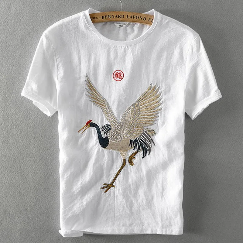 

New designer natural-environment crane embroidered linen t shirt men brand casual loose tshirt mens embroidery white t-shirt men