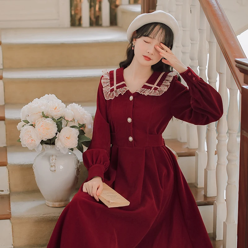 

2 Colors Large Size Women Velvet Dress Winter Vintage Mori Girl Peter Pan Collar With Lace Loose Casual Retro Dresses Vestidos