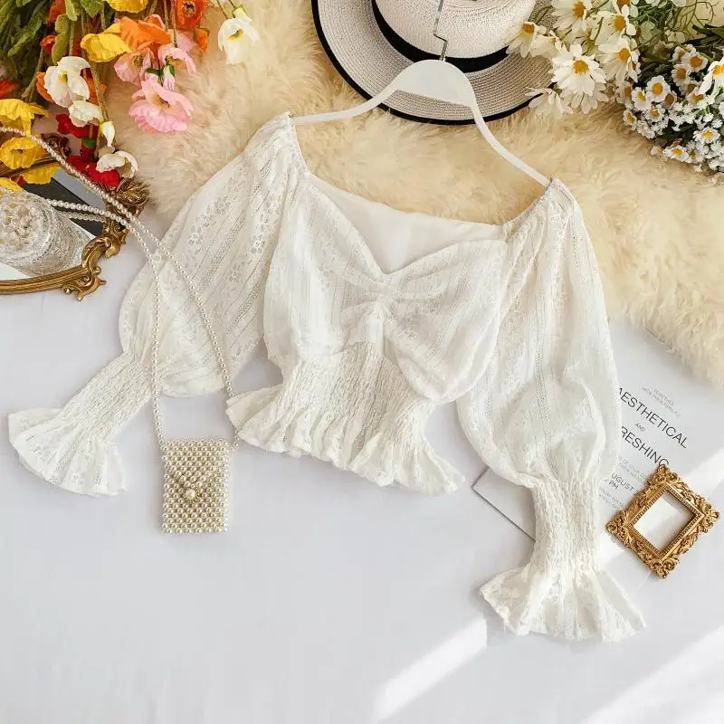 Korea Ins Sweet Short Crop Tops Autumn 2019 New Women V Neck Lace Long Lantern Sleeve Blusas Mujer De Moda Shirts Blouse J374 | Женская