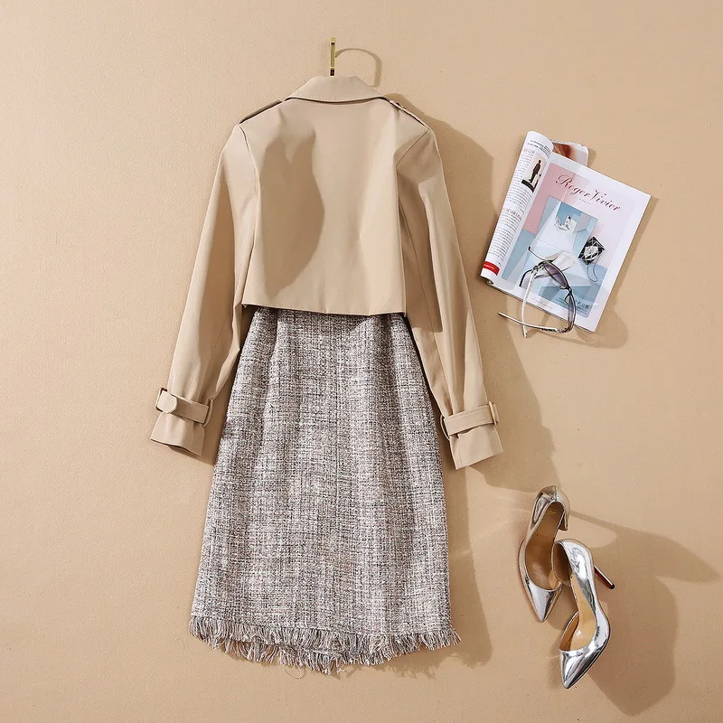 

European and American women's wear 2020 winter new style Long sleeve coat Fashionable tweed tank top dress with two pieces