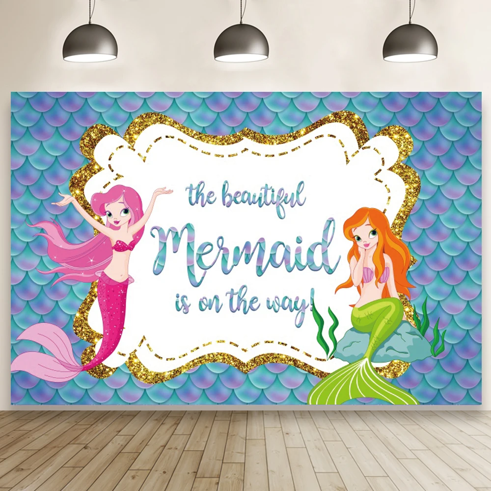 

Two Beautiful Mermaid Princess Pink Green Dressed Newborn Baby Backdrop Text Customize Fish Scale Underwater Theme Background
