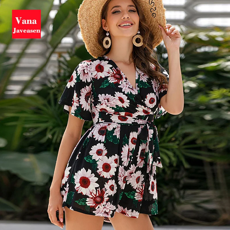 

Женский пляжный комбинезон с принтом, свободный Облегающий комбинезон с коротким рукавом и поясом для вечеринки, лето