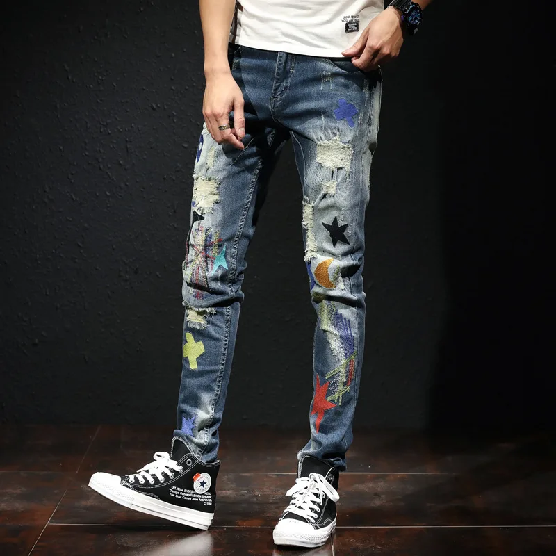 Jeans Fashion Streetwear Men Printed Embroidery Designer Elastic Ripped Jeans Men Punk Pencil Pants Korean Hip Hop Skinny Jeans