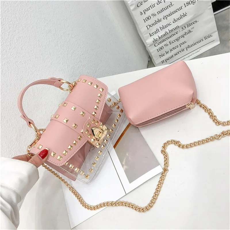 

Rivet Bag 2021 New Korean Version of Pvc Transparent Chain Small Square Bag Women's Shoulder Diagonal Bag Satchels