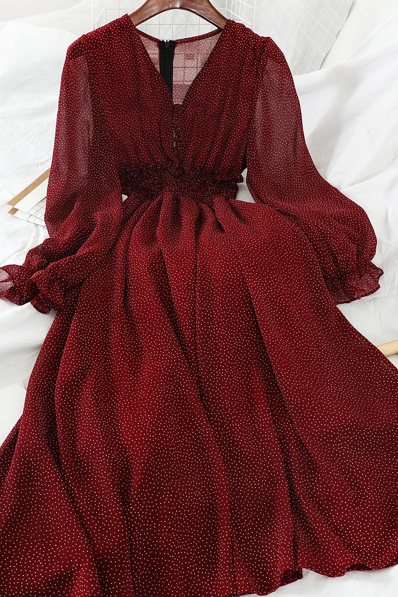 

New Autumn V Neck Polka Dot Slim Chiffon Dress Button Puff Sleeve High Waist Elegant Women Mid-calf Dress
