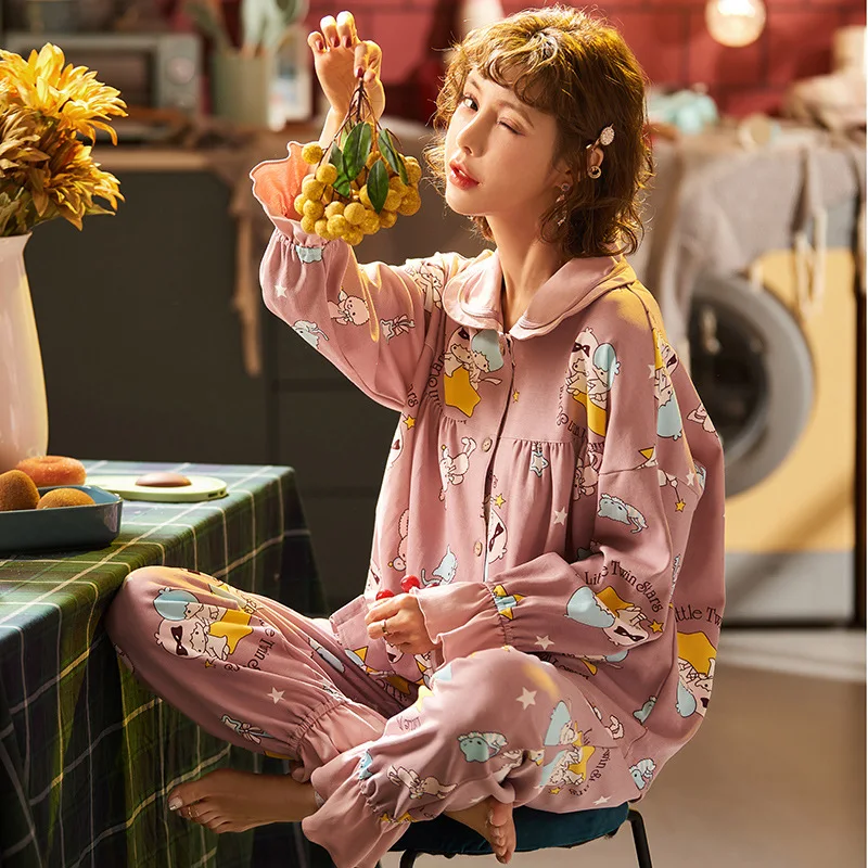 

Plus Trousers 2-Piece Set Pajamas Comfortable Cartoons Women Pajamas Turn-Down Collar Pure Cotton Trousers Long Sleeve