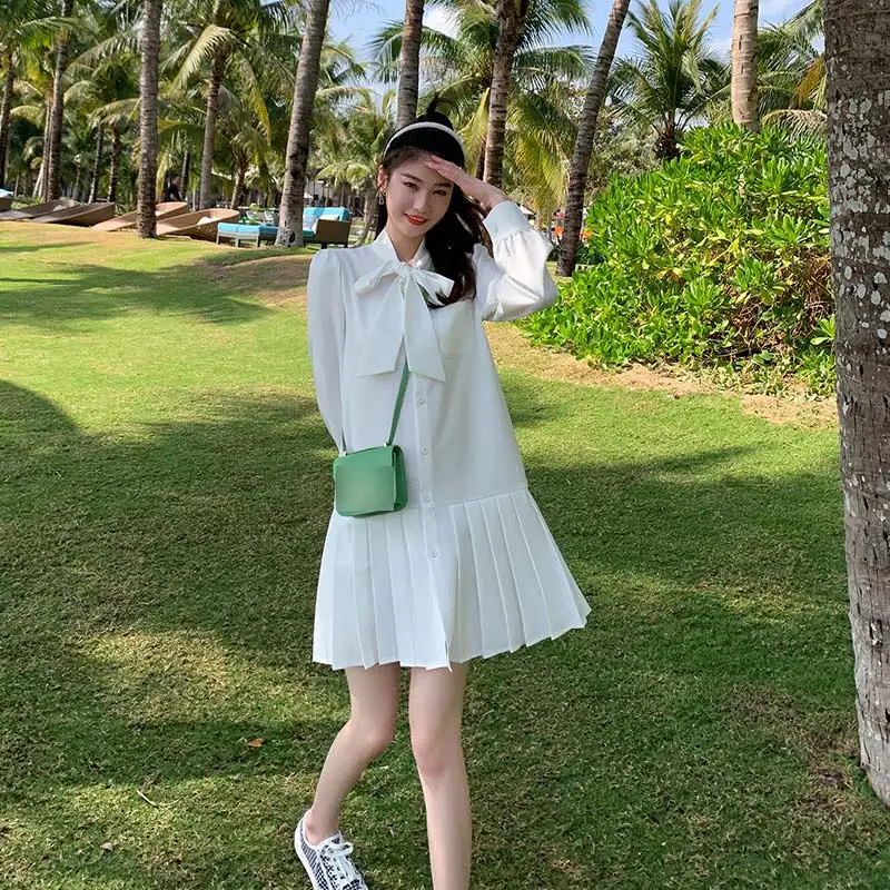 

A-line Pleated Long Sleeves Bow Ruffles Women Dress Loose Mini Split Buttons Solid Dresses Pop Fashion Summer Spring Vestidos