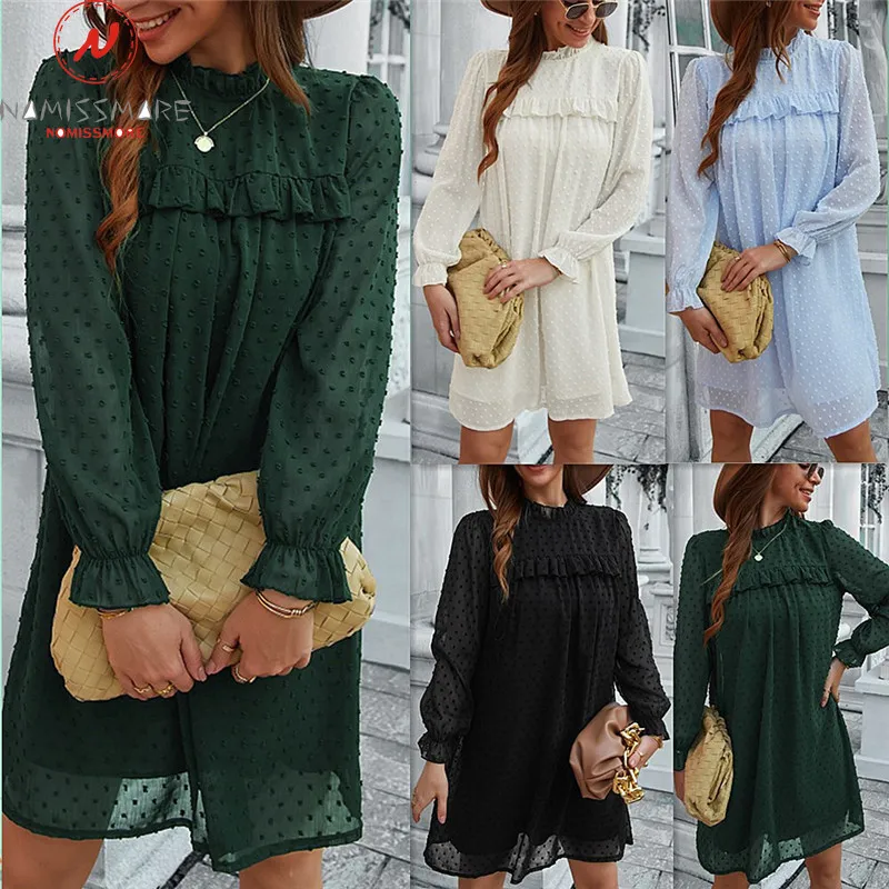 

Women Solid Color Jacquard A-Line Dress Patchwork Design Ruffles Lace Decor See Through Stand Collar Long Sleeve Mini Dress