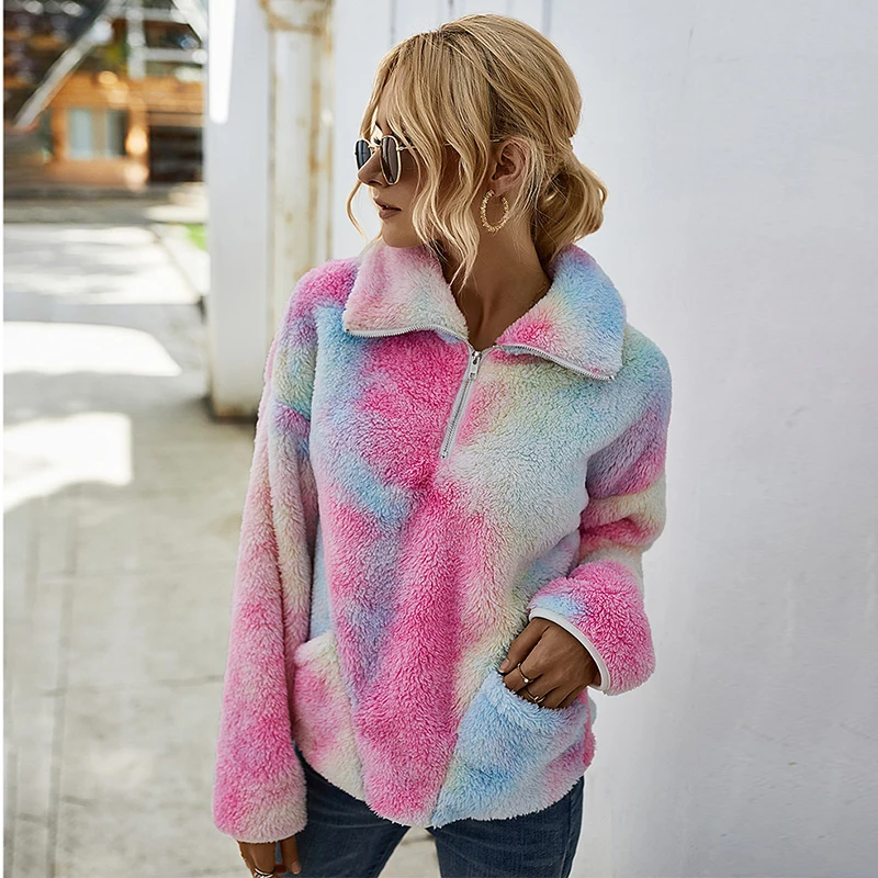 

Colour Tie Dye Print Winter Plush Sweatshirts Hoodies Women Casual Turn-down Collar Zipper Thicken Warm Long Sleeve Pullover Top