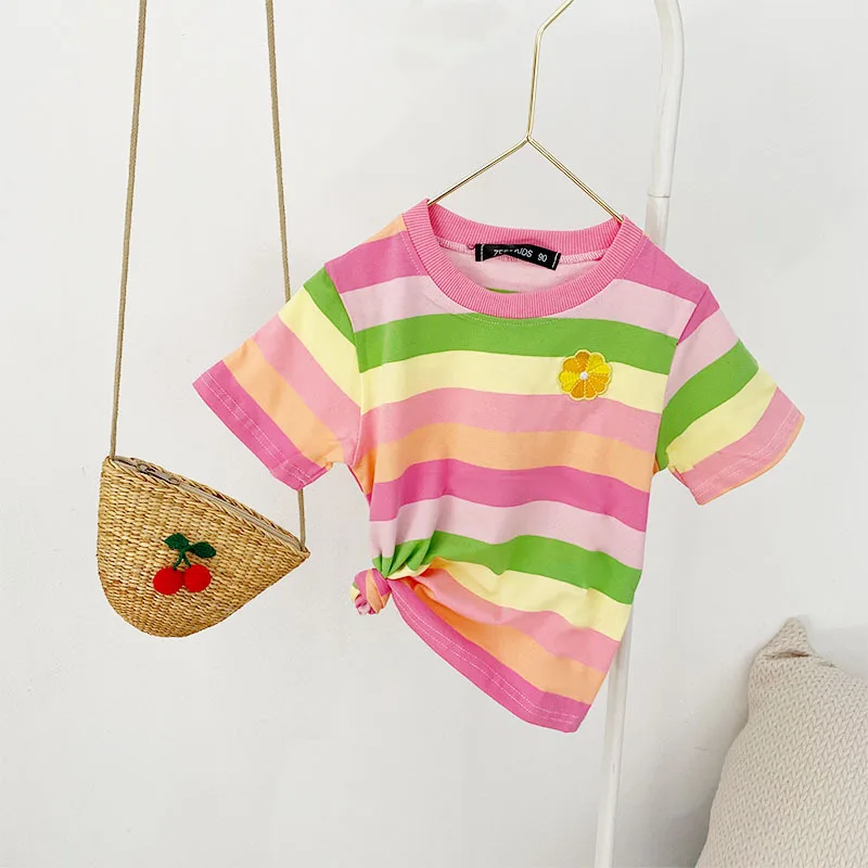 Summer Rainbow Children's T-shirt For Girls Kids Cotton Stripe Shirt Toddler Girl Clothes Blusas Bonitas 1-5T Top | Мать и ребенок