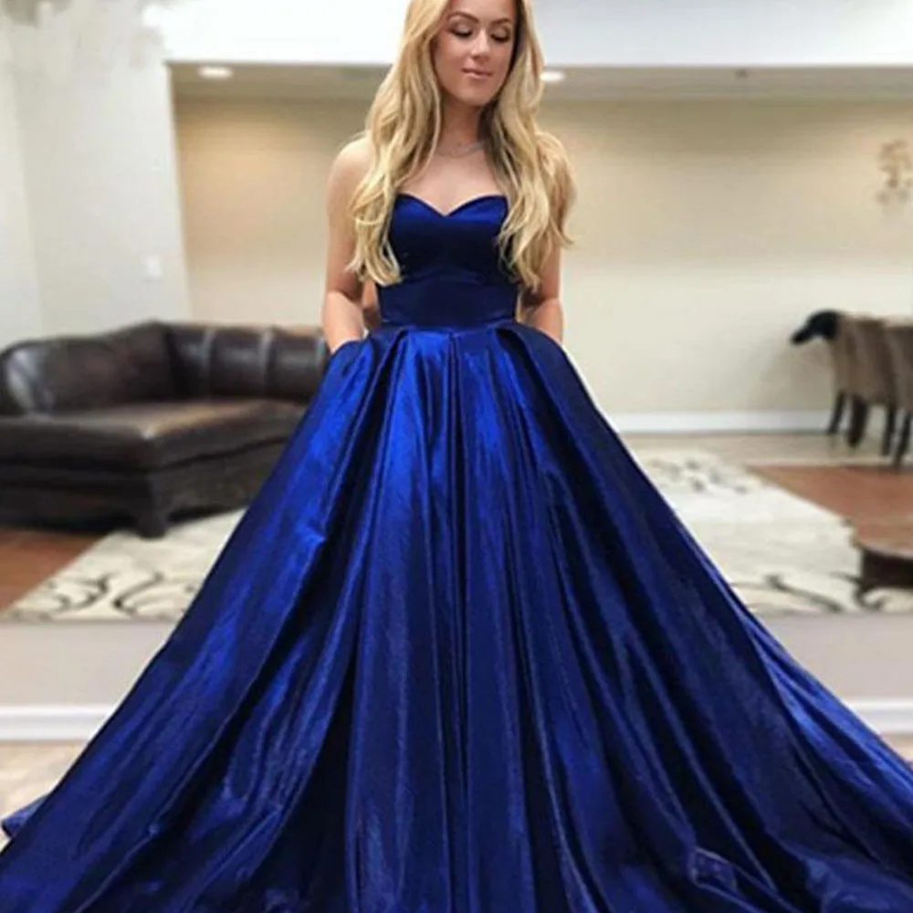 

Royal Blue Evening Dress Long 2021A-Line Satin sexy Eleglant Sweetheart Strapless Prom Gown with Pockets Fashion robes de soirée