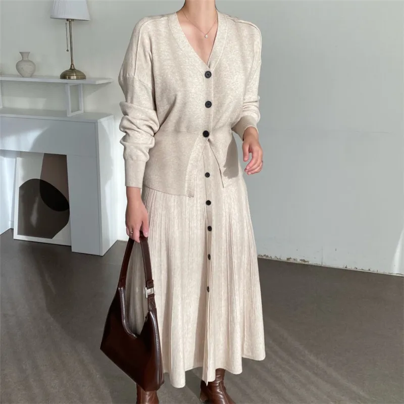 2021 Korean Fashion Knitted 2 Two Piece Set Women Outfits Autumn Winter Vintage Long Skirt and Full Sleeve Sweater Cardigans |