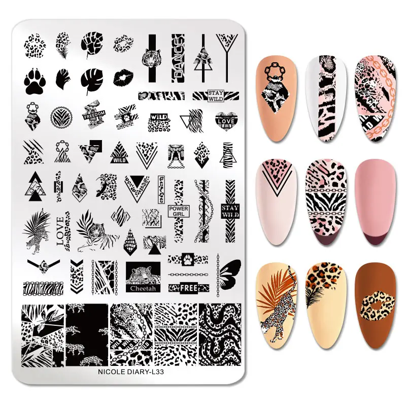 NICOLE DIARY Leopard Printed Nail Stamping Plates Stainless Steel Tiger Snake Art Stamp DIY Manicuring Stencil Tools | Красота и