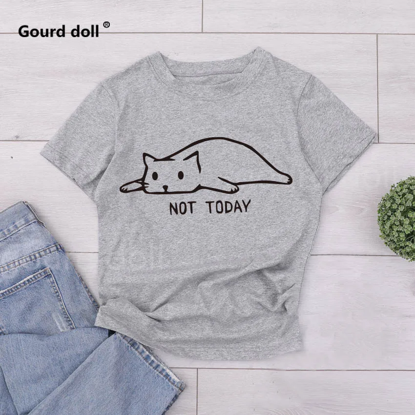 gray1 Футболка с надписью «Cat not today», Женская Повседневная забавная футболка для девушек, летняя футболка, kawaii tumblr, футболки размера плюс - Цвет: gray1