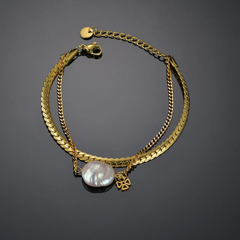 Элегантные жемчужные браслеты ELSEMODE золотистые двухслойные из нержавеющей стали