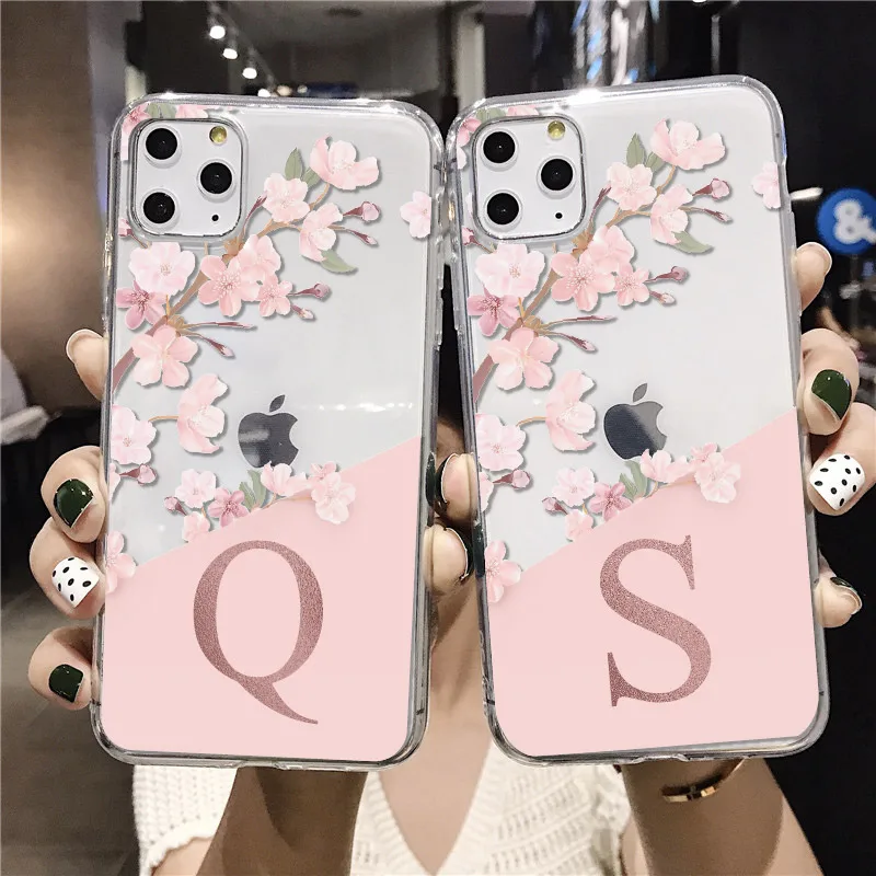 Custom Cherry Blossom Flower A to Z Initial Alphabet  Soft TPU Phone Case Cover For iPhone 14 14ProMax 14Plus 13Promax 13 12 11