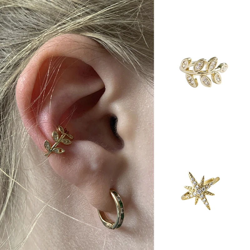 

New Fashion Gold Leaf Clip Earring For Women Without Piercing Puck Rock Vintage Crystal Ear Cuff Girls Jewelry Gifts 1Pcs