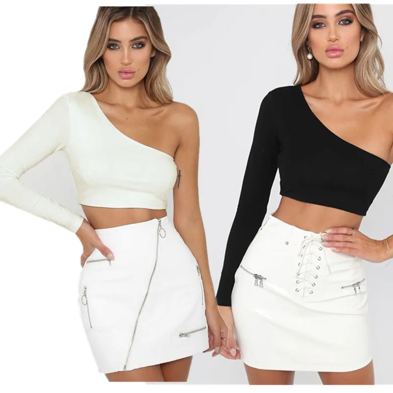 Белая женская футболка с одним открытым плечом сексуальная Однотонная длинным